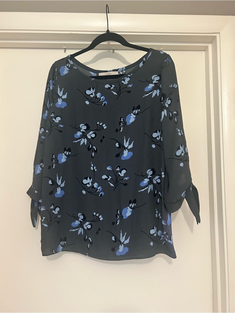 LOFT Floral Tie-Sleeve Blouse - Blue on Charcoal